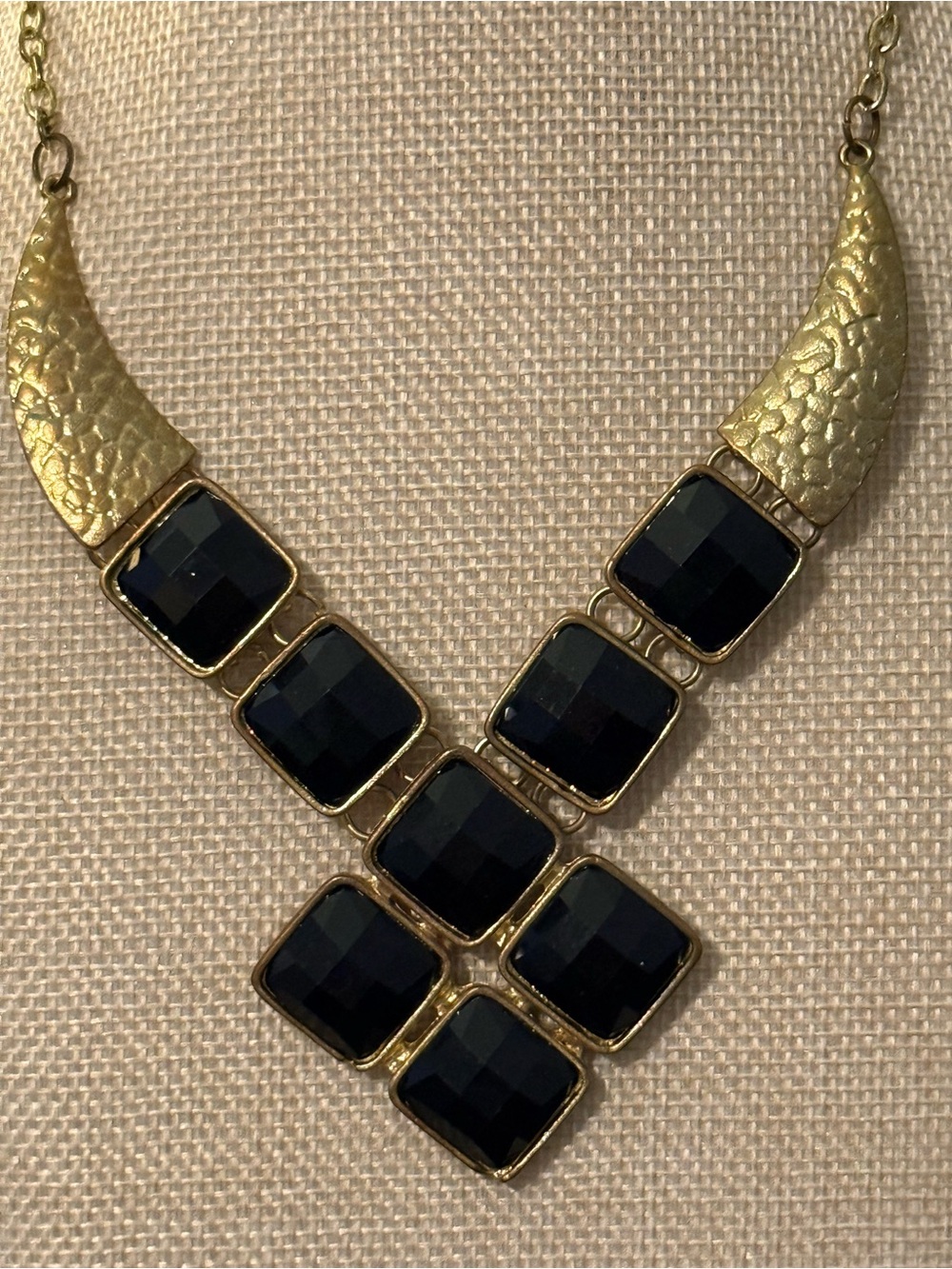 Gold V-Design Necklace with Black Faceted Stones
